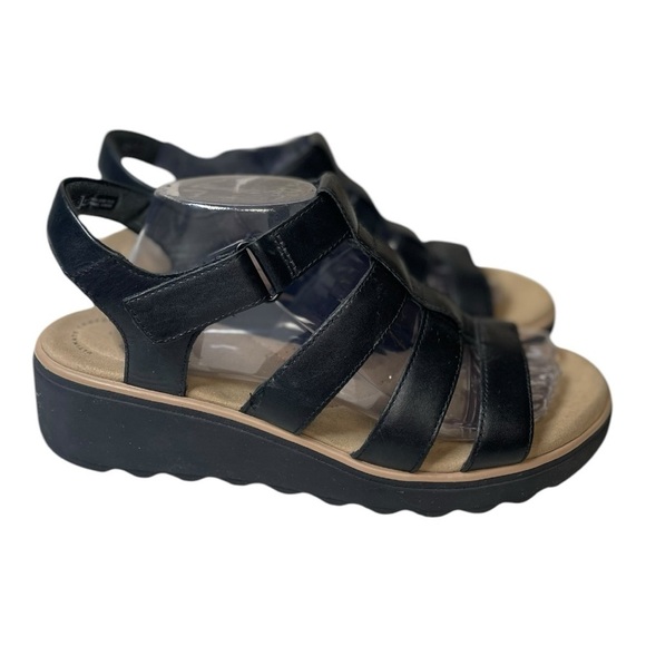 Collection By Clarks Women’s Jillian Quartz Black Leather Wedge Sandals - Picture 1 of 9